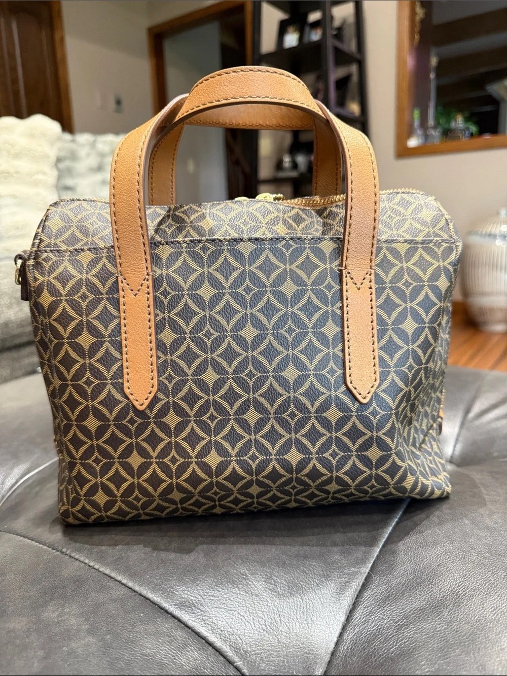Fossil Sydney Satchel Handbag in Brown & Tan Patterned Coated Canvas